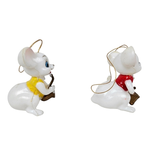 Vintage 60s White Mice Playing Instruments Set of 2 Christmas Ornaments J62 - Picture 5 of 8